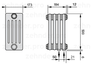 Схема (чертеж) Радиатор Zehnder Charleston 5050/4 №5510 Белый глянцевый RAL 9016